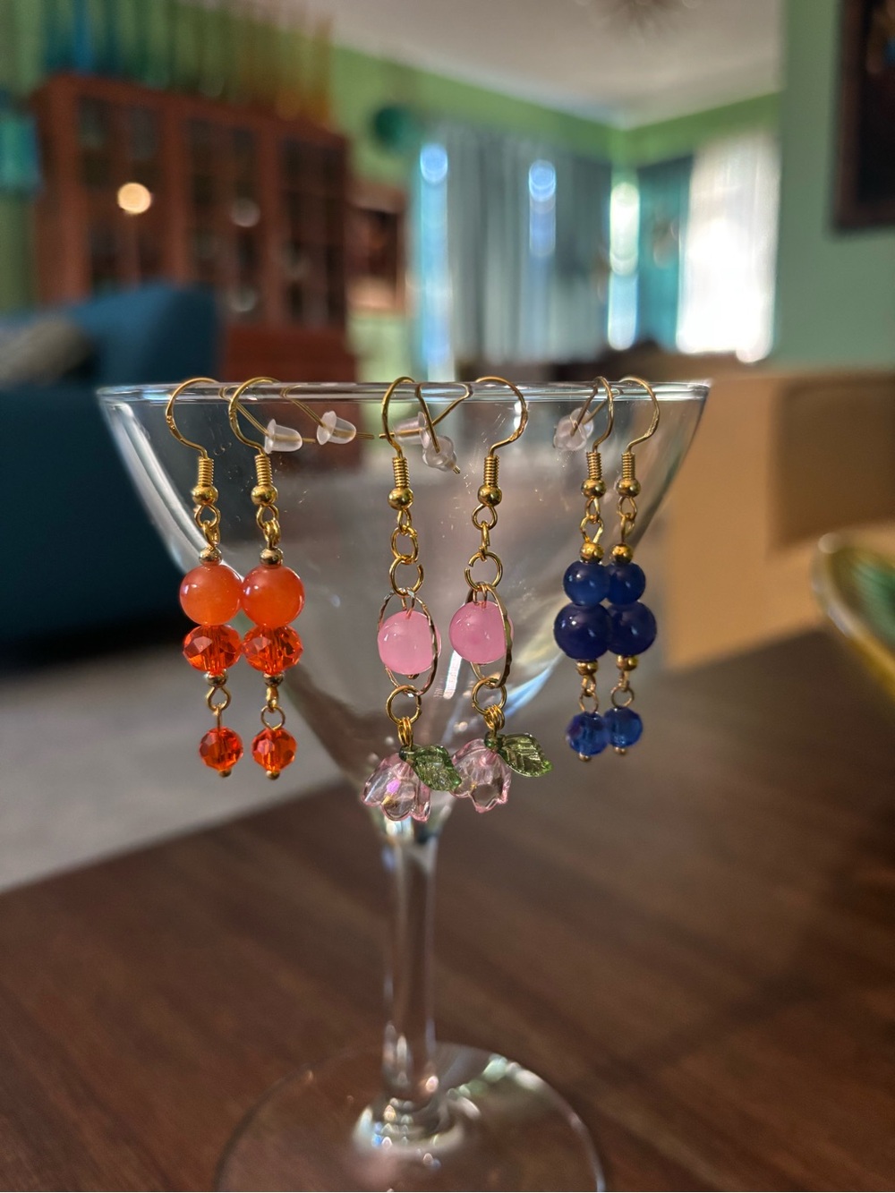 Handmade Gold-Tone Dangle Earrings Trio in Orange, Pink & Blue